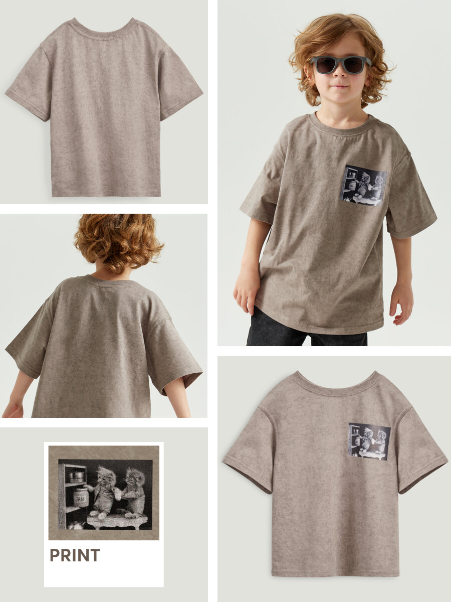 фото Happy Baby 88211, Футболка детская Happy Baby двусторонняя, для девочек и для мальчиков, оверсай с принтом, хлопковая, короткие рукава, серая с мороженным, размер 128-134