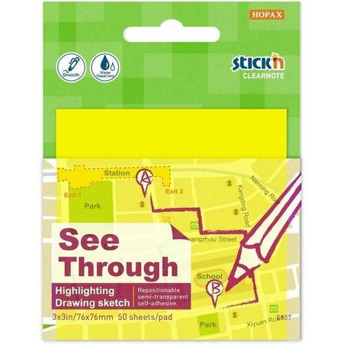 Блок самколеящийся пластиковый 76 76мм 50 листов прозрачный Неон желтый 26612 упаковка 18 шт 3960₽