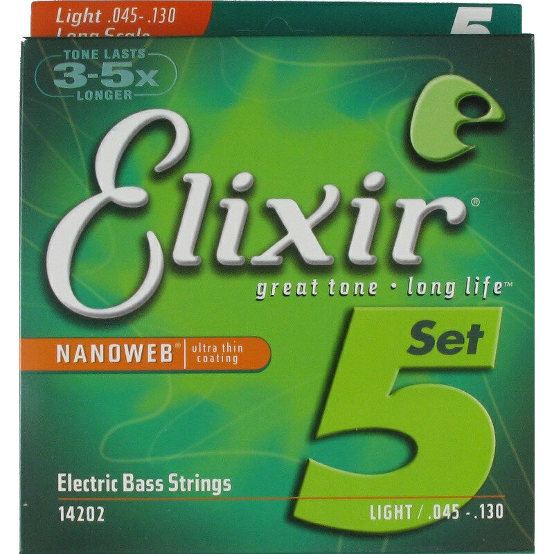 Струны для 5-струнной бас-гитары Elixir Nanoweb 14202 45-130, комплект из 5 струн, никелированная сталь