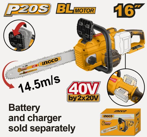 Изображение товара Бесщеточная аккумуляторная цепная пила 40В без АКБ и ЗУ SUPER INGCO CGSLI40168 INDUSTRIAL