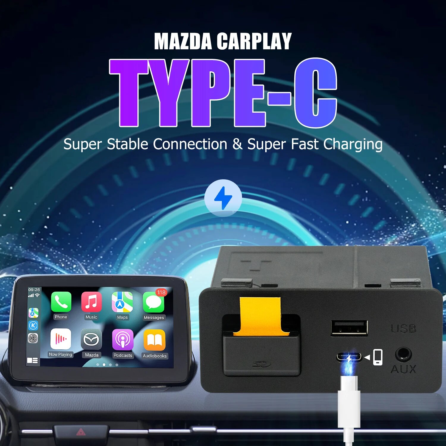 USB-комплект TYPE-C Mazda CarPlay Android Auto HUB OEM для Mazda 2 3 6 CX3 CX5 CX8 CX9 MX5 Miata TK78669U0C-2023 новый, Wireless Carplay — фото 1