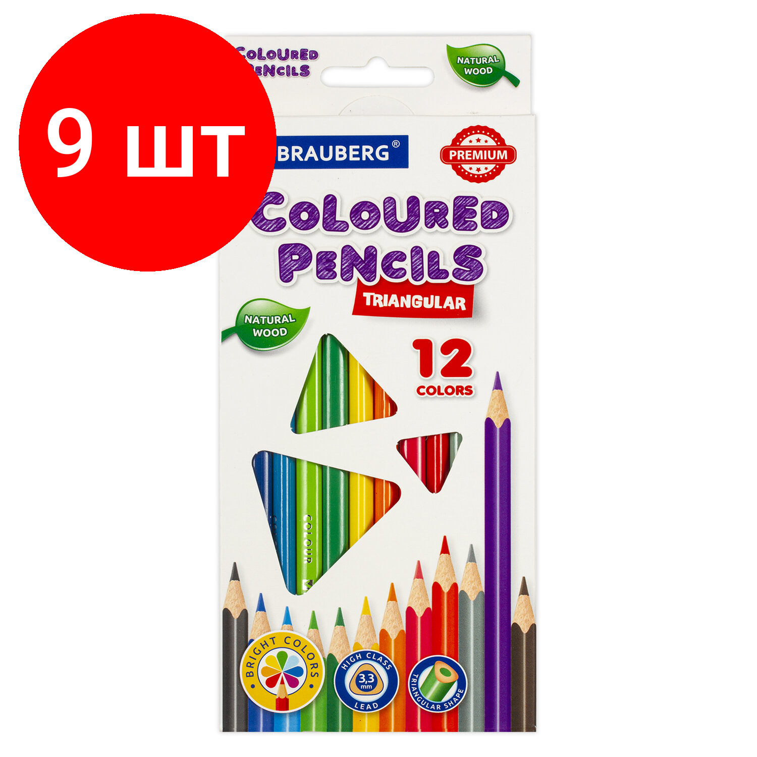 Комплект 9 шт, Карандаши цветные BRAUBERG PREMIUM, 12 цветов, трехгранные, грифель мягкий 3.3 мм, 181651