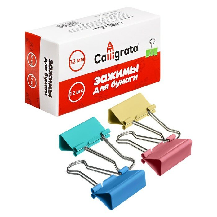 фото Набор зажимов для бумаг пастель 32мм 12 штук, 4 цвета в картонной коробке 9935589