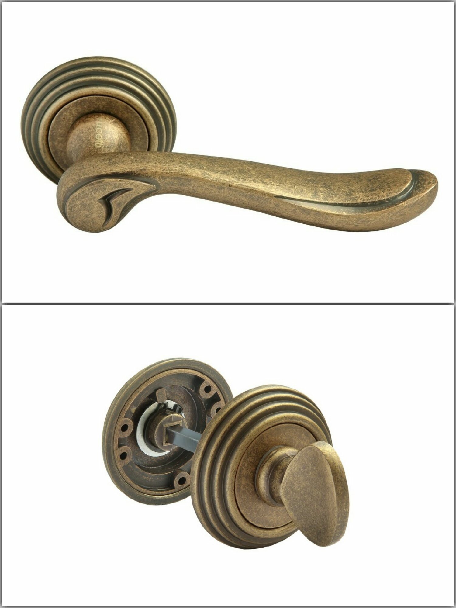 Ручка дверная межкомнатная Rucetti RAP-CLASSIC-L_6_OMB_W состаренная матовая бронза (ручка + завертка WC)