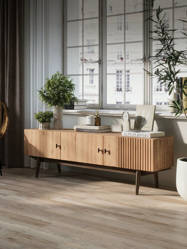 Изображение товара Тумба под телевизор напольная Puzzlemebel Челси, тумбочка для тв на ножках, длина 150 см, светло-коричневый