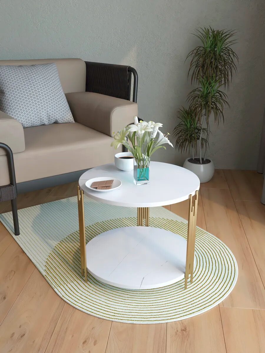 Журнальный столик Castle "Оникс", круглый, с полкой, золото/белый глянец