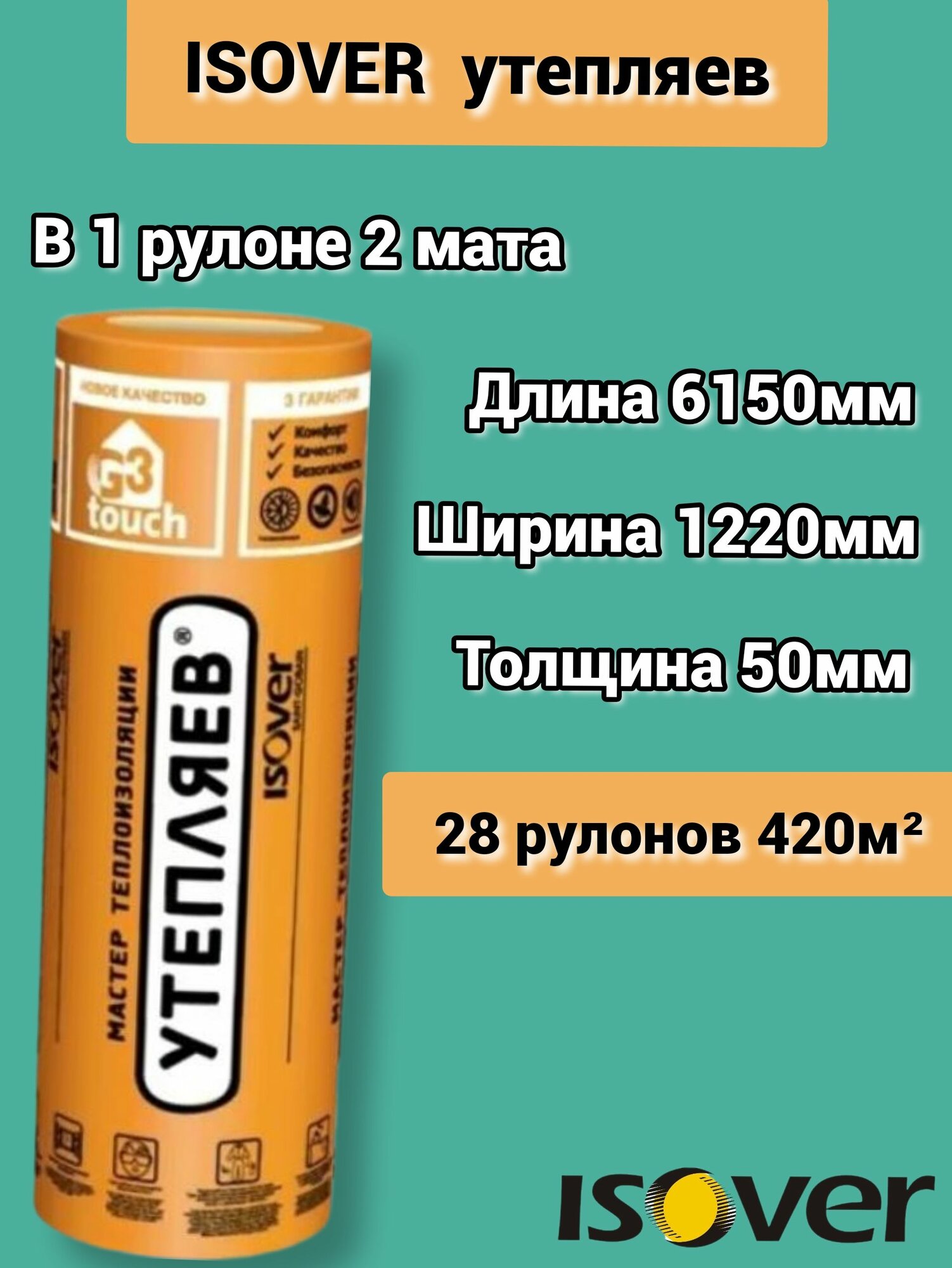 Утеплитель Изовер Утепляев Твин 6150*1220*50 минеральная вата из кварцевого волокна в рулоне 28 шт 420м2