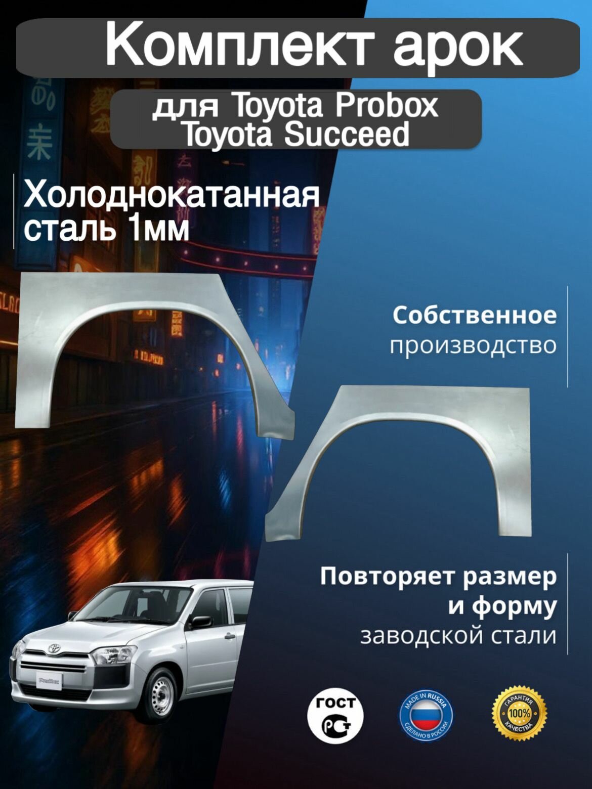 Арки ремонтные задние комплект (правая + левая) для автомобиля Toyota Probox / Toyota Succeed, rest, Тойота Пробокс / Тойота Сусид, рестайлинг, 2002-2026г, холоднокатанная сталь 1 мм