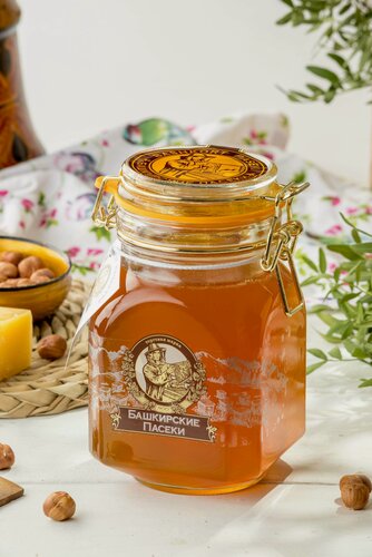 Изображение товара Мед Башкирский цветочный "Башкирские пасеки+" 1 литр, в стеклянной банке "Замок золотой", сбор 2025года