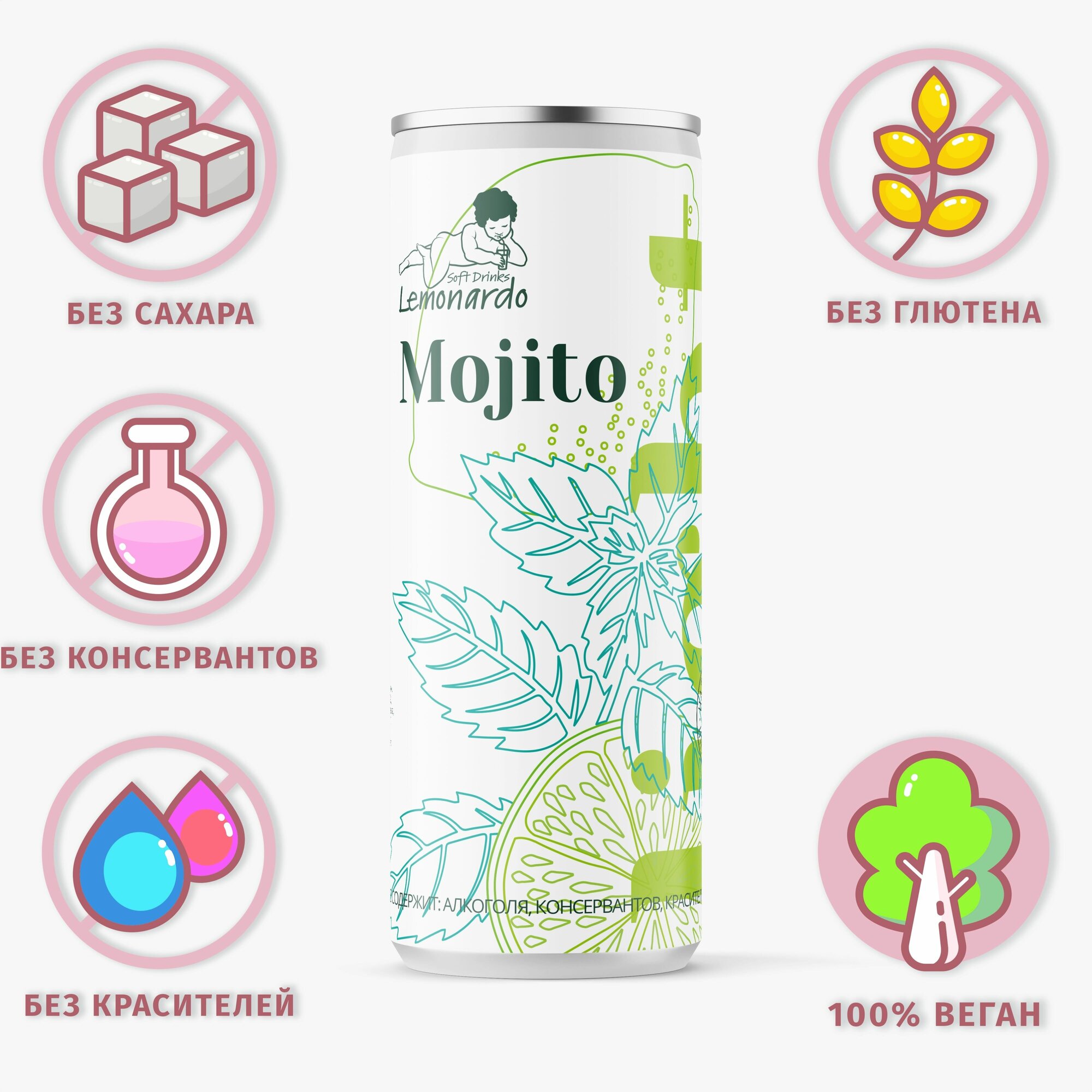 Натуральный безалкогольный мохито со стевией / Lemonardo Mojito Light, алюминиевая банка 330мл.