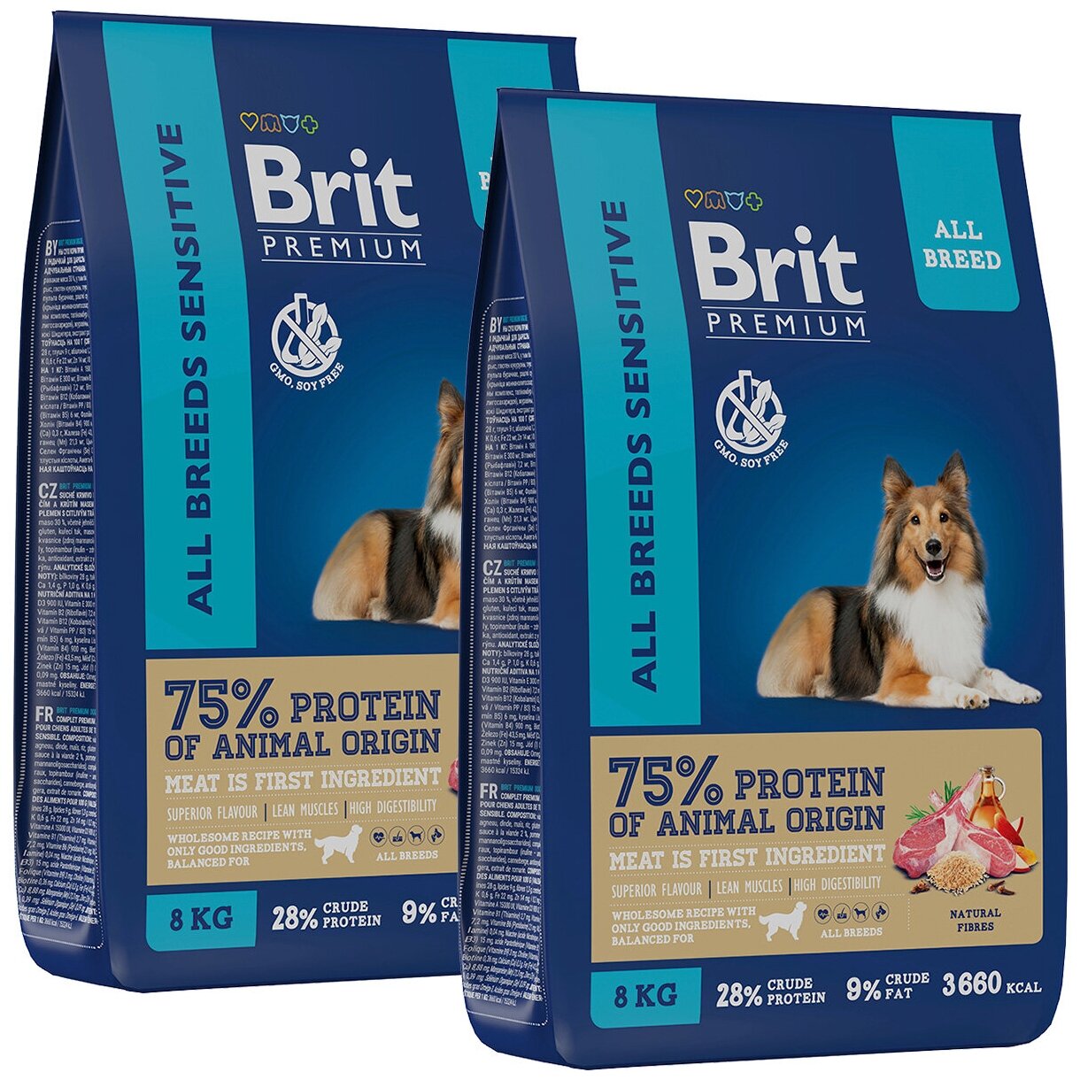 BRIT PREMIUM DOG ADULT SENSITIVE для взрослых собак всех пород с чувствительным пищеварением с ягненком и индейка(8 + 8 кг)