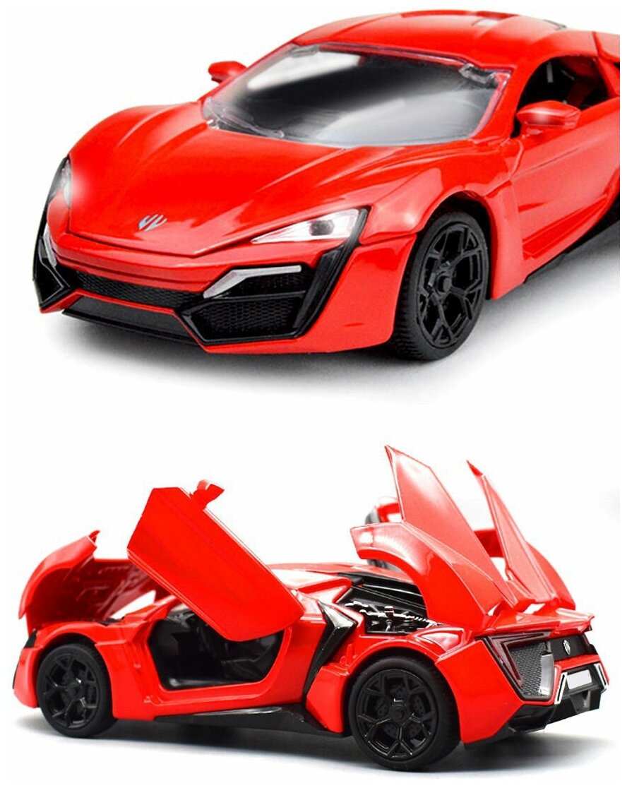 Машинка металлическая инерционная Lykan Hypersport (Ликан ГиперСпорт) 21 см (1:24) с открывающимися вверх дверьми, капотом и багажником, красная