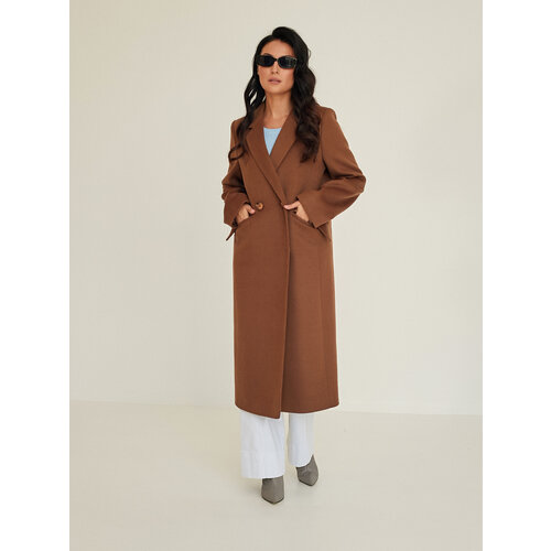 фото Пальто fidan демисезонное, шерсть, силуэт прямой, удлиненное, размер 48, коричневый