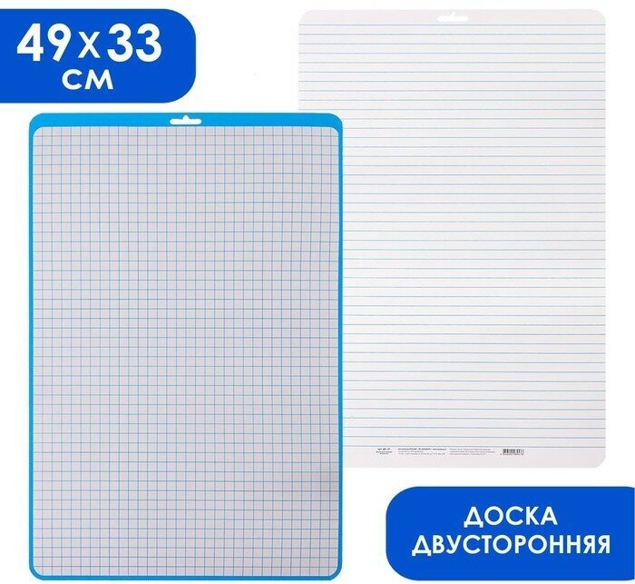 Доска маркерная Calligrata A3, 49х33 см, двусторонняя, клетка, линейка, синяя