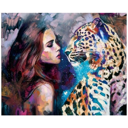 Алмазная мозаика без подрамника 40x50 см Девушка и леопард
