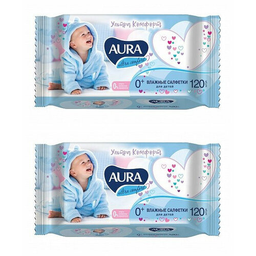 Влажные салфетки Aura Ultra Comfort, пластиковая крышка, 120 шт, 2 шт. aura влажные салфетки для детей ultra comfort с экстрактом алоэ и витамином е 0 100 шт aura гигиена