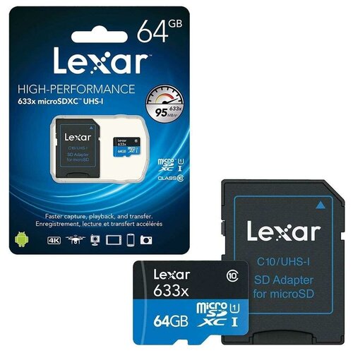 MicroSDXC 64Gb Lexar High-Performance 633x LSDMI64GBB633A флеш карта microsdxc 64gb kingston microsdxc uhs ii class u3 v30 a2 чтение 170мб с запись 70мб с с адаптером
