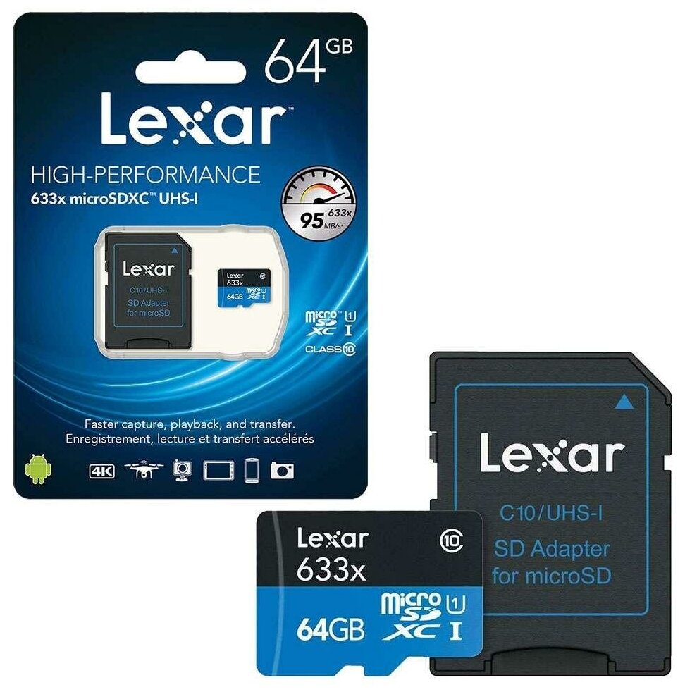 Карта памяти Lexar 633x microSDXC 64Gb/100mb/s UHS-I серии BLUE (LSDMI64GBB633A)