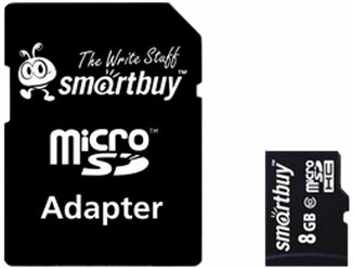 Карта памяти micro SDHC, 8 GB, SMARTBUY, 10 Мб/сек. (class 10), с адаптером, SB8GBSDCL10-01 (арт. 512805)