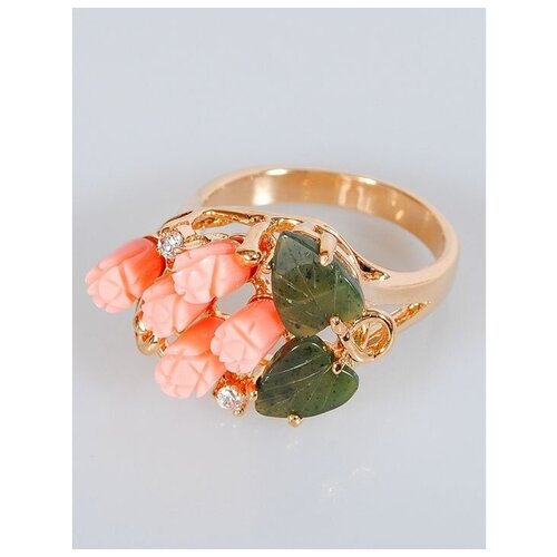 Кольцо помолвочное Lotus Jewelry, нефрит, коралл, размер 17, зеленый, розовый