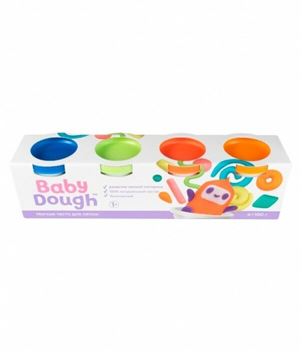 Тесто для лепки BabyDough, набор 4 цвета (синий, нежно-зеленый, красный, оранжевый)