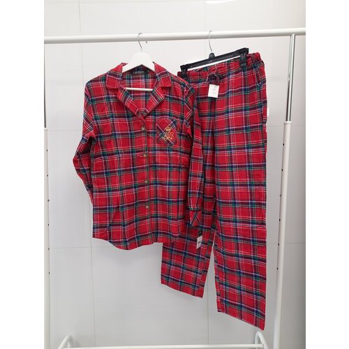 Пижама Ralph Lauren, рубашка, брюки, застежка пуговицы, длинный рукав, пояс на резинке, карманы, размер S, красный, мультиколор