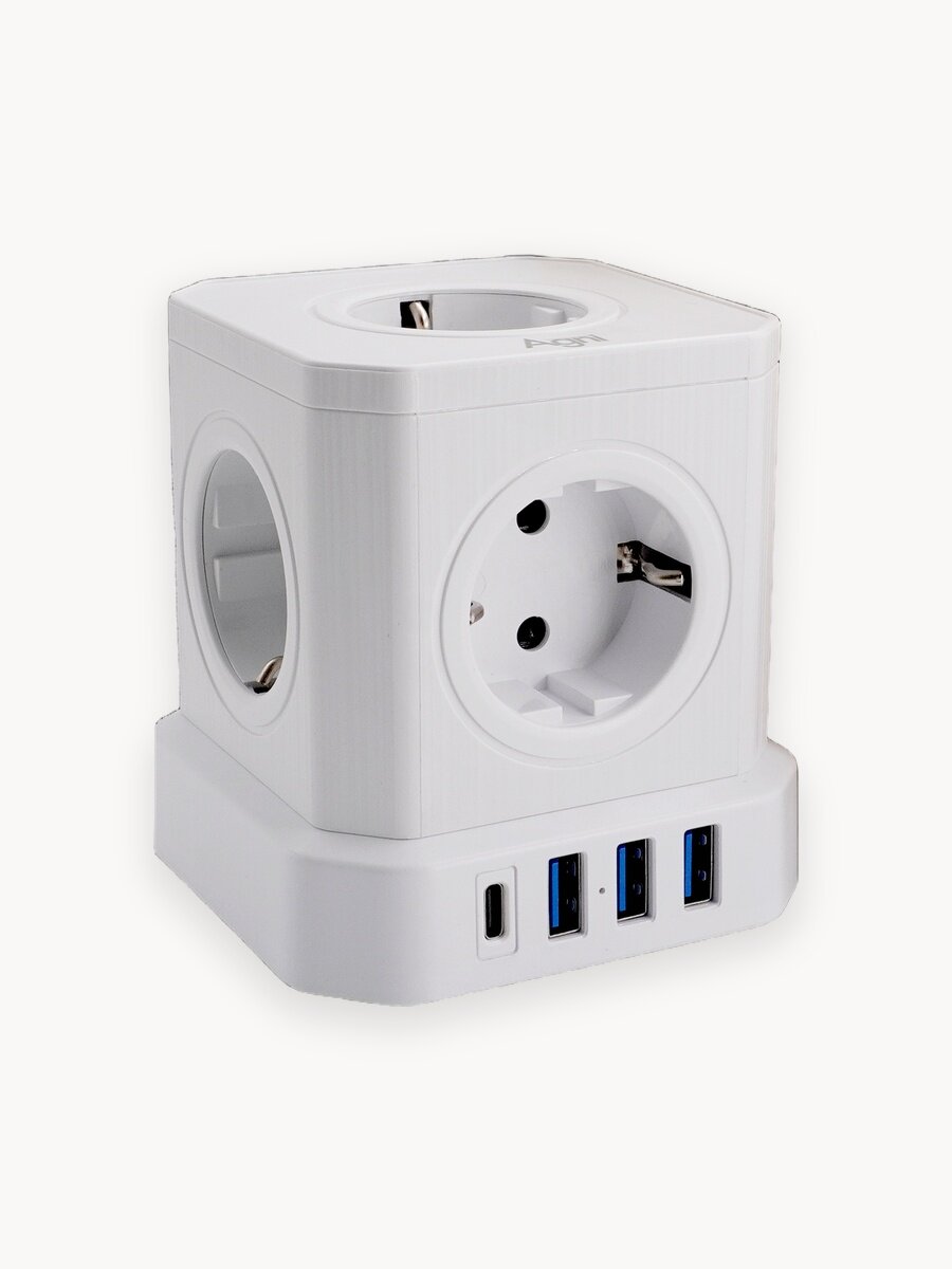 Сетевой фильтр с заземлением AGNI 5 розеток 220V, 3 USB 2.4A, 1 TYPE-C 20W (быстрая зарядка), 16A / 4000Вт 5м белый