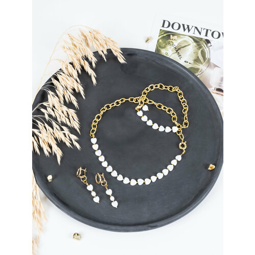 фото Комплект бижутерии: серьги, браслет, чокер, перламутр, гематит, размер браслета 15 см, размер колье/цепочки 35 см, желтый, белый preciouskate