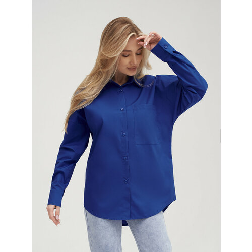 фото Рубашка , повседневный стиль, свободный силуэт, длинный рукав, карманы, однотонная, размер оверсайз (42-48), синий saryshka