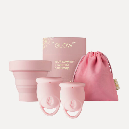 Изображение товара Менструальные чаши GLOW CARE Premium c мешочком и стерилизатором, размер М (25 мл) и L (30 мл), 2 шт.