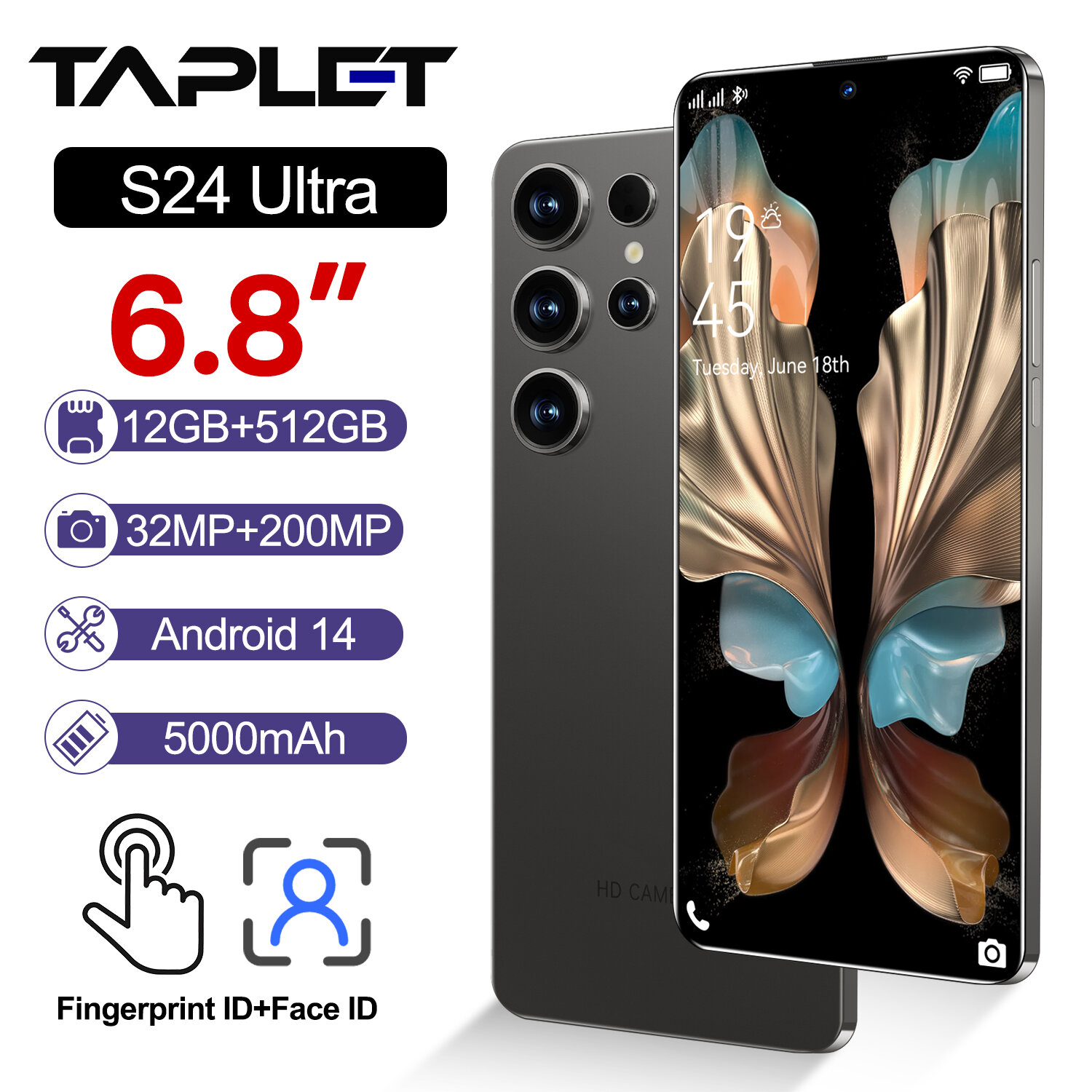 Cмартфон S24 Ultra,6.8' HD, RAM 12 GB+RAM 512 GB, Android 14, Поддержка русского языка, черный