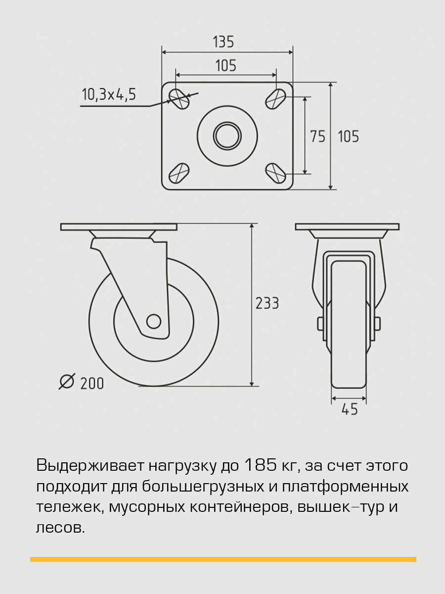 Колесо мебельное поворотное на площадке "SANBERG" большегрузное 200 мм, до 185 кг — фото 1