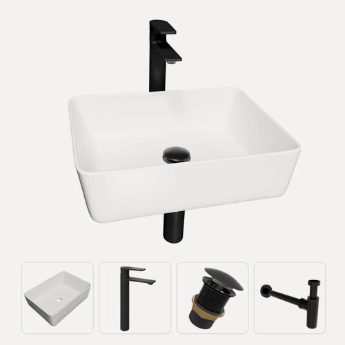 Изображение товара Раковина накладная для ванной Teymi Helmi 50 в комплекте смеситель высокий черный матовый донный клапан клик-клак без перелива черный и сифон черный F13047