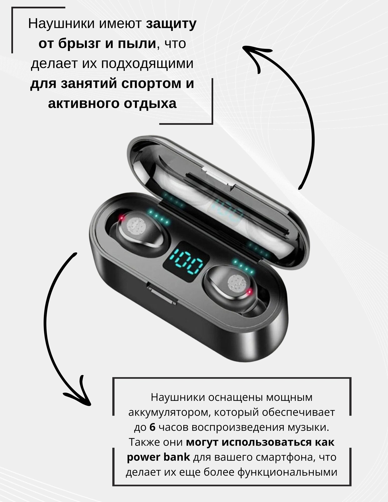 Беспроводные водонепроницаемые сенсорные Bluetooth наушники F9-5.1 TWS — фото 1