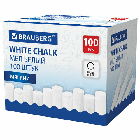 6 шт. Мел белый круглый мягкий, 100 штук, BRAUBERG, картонная упаковка, 272768