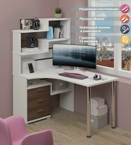 Изображение товара Стол компьютерный Мэрдэс СР-132-140 БЕШ-ЛЕВ Белый/Шамони-Ч с надстройкой