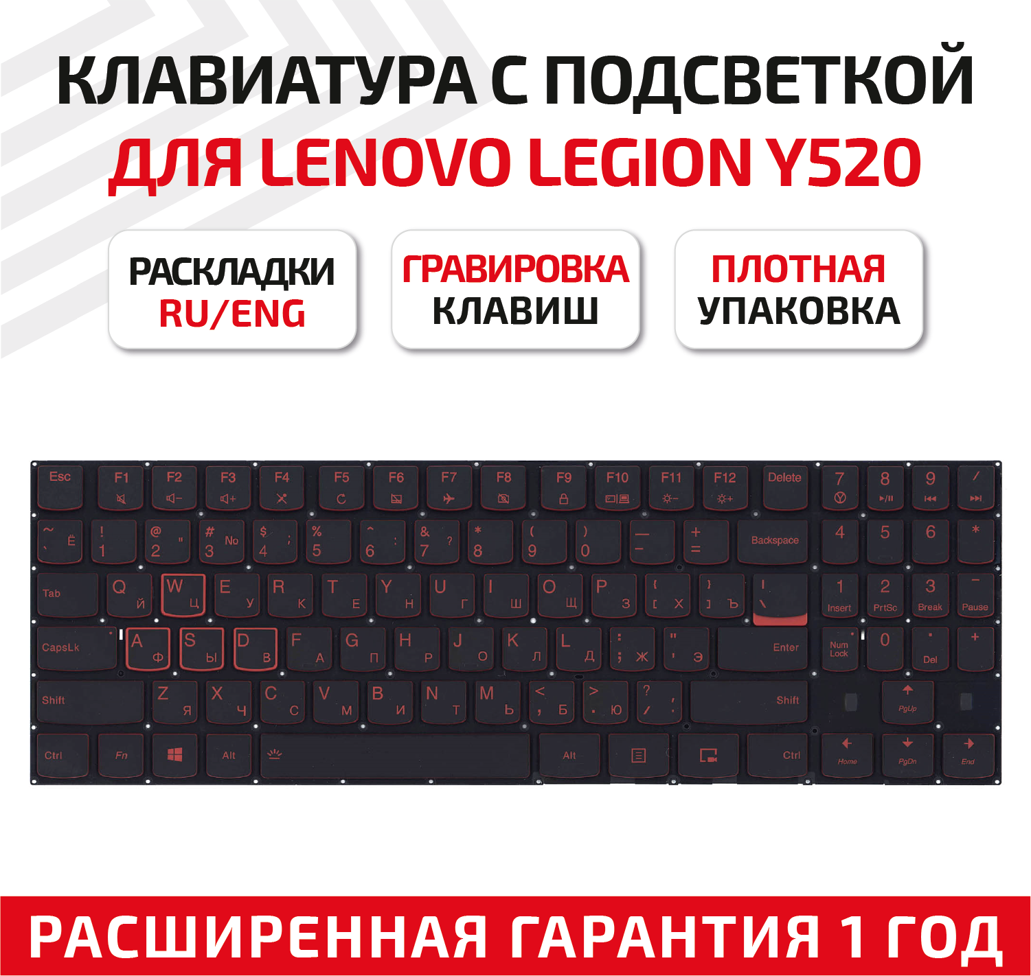 Клавиатура (keyboard) PC5YB-US для ноутбука Lenovo Lenovo Legion Y520 Y520-15IKB Y720 Y720-15IKB R720 Y530 черная без рамки красная подсветка