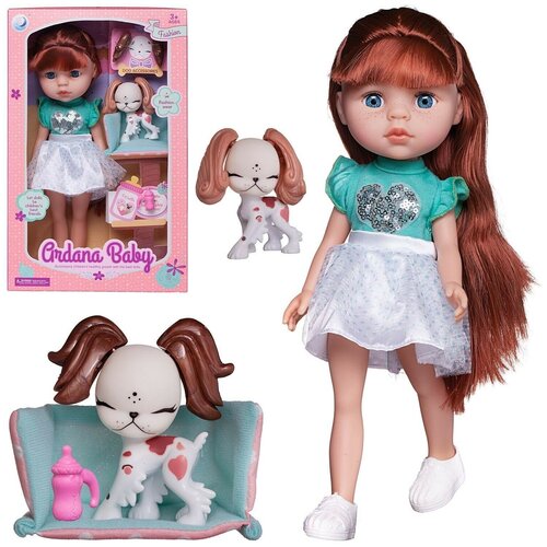 Кукла Ardana Baby в бирюзовой кофточке и белой юбке с собачкой и аксессуарами 32,5см, 1 шт.