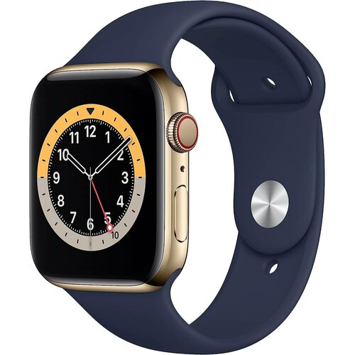 Умные часы Apple Watch Series 6 GPS + Cellular, 44 мм, сталь золотого цвета, спортивный ремешок синий MJXN3AE/A