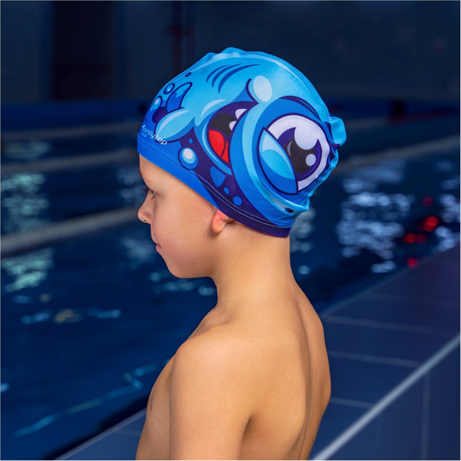 Шапочка для плавания ONLYTOP «Акулёнок», детская, обхват головы 46-52 см, цвет голубой, синий