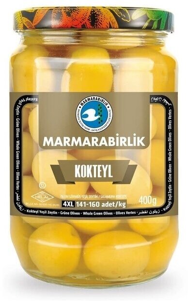 Оливки зеленые MARMARABIRLIK KOKTEYL 4XL (141-160), с косточкой, в рассоле, ст/б, нетто 710 г