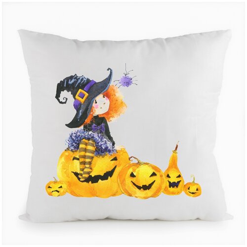 фото Подушка белая coolpodarok графика. ведьмочка с тыквами,белая