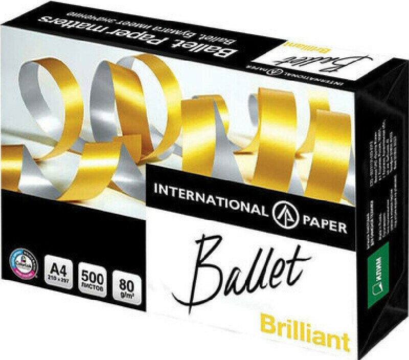 Бумага для принтера Бумага офисная BALLET BRILLIANT, А4, 80 г/м2, 500 л, марка А, ColorLok, International Paper, белизна 168%, BALBR080X501