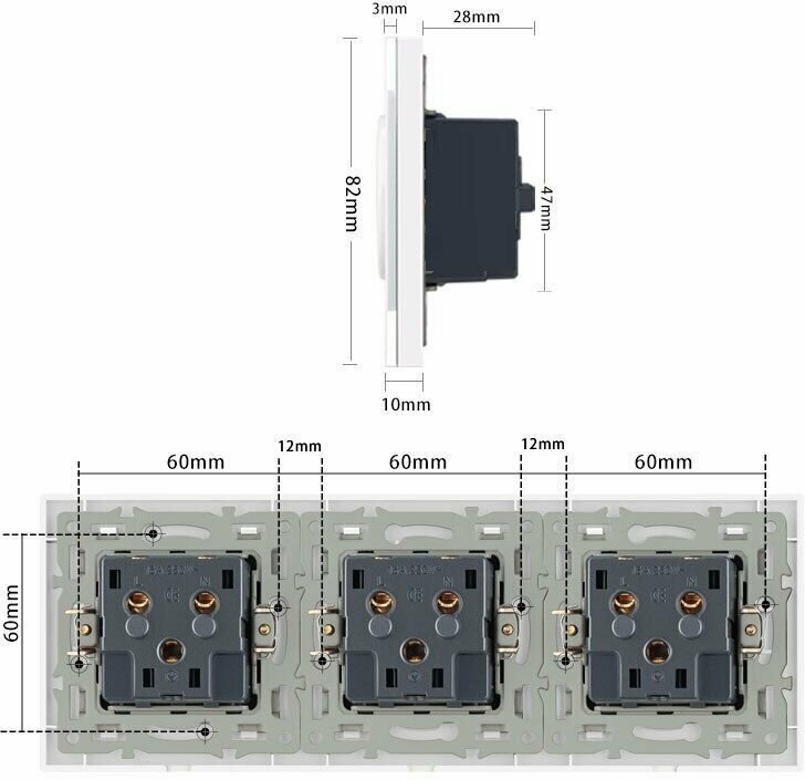 Розетка тройная с 2 USB-портами, 16А 250В, со шторками, рамка закаленное стекло, цвет белый - фотография № 15