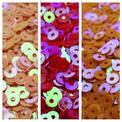 Комплект из трех видов товара: пайетки непрозрачные 3 мм, цвета: рыжий 10 гр, красный 10 гр, коралловый 10 гр. Всего в комплекте 30 гр. товара.