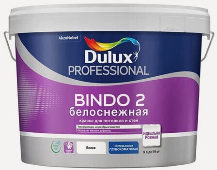 Изображение товара Краска для потолка и стен DULUX BINDO 2 белоснежная, глубокоматовая 9л