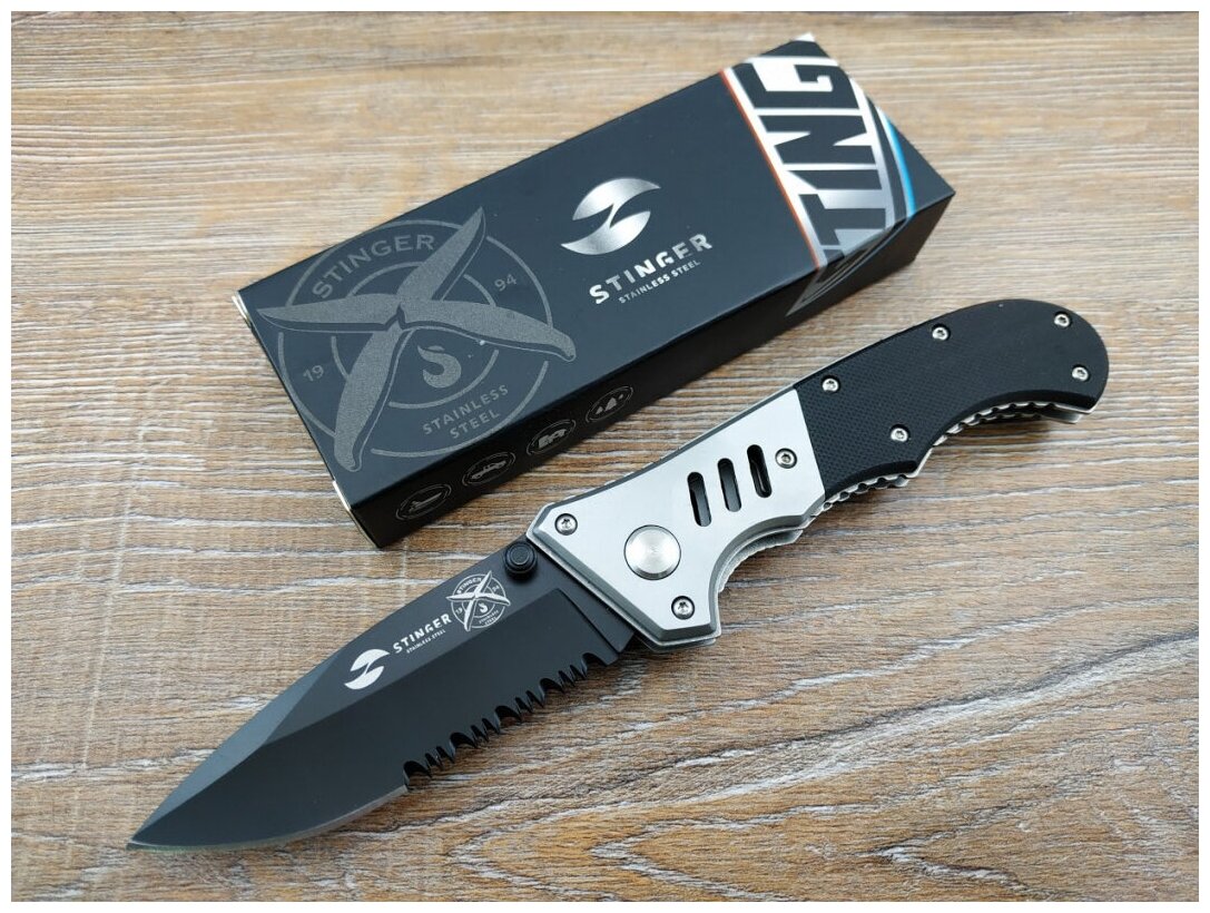 Нож складной Stinger , 75 мм (чёрный), рукоять: сталь/пластик (сереб-черн), с клипом