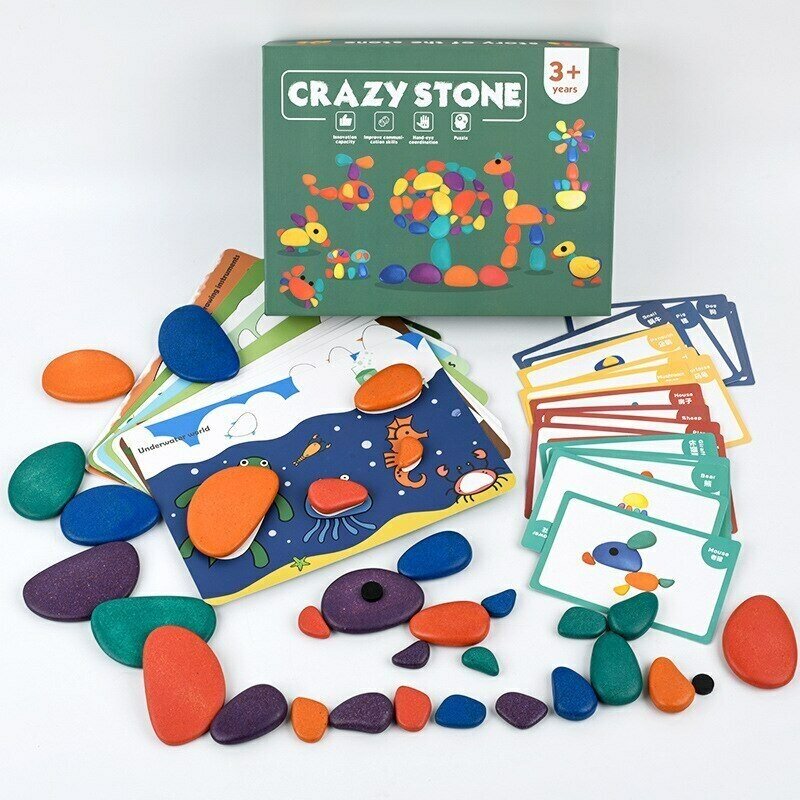 Детская развивающая игра с камнями и карточками "Crazy Stone" / цветные / радужные камни