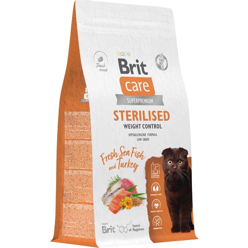 Сухой корм для стерилизованных кошек Brit Care Cat Sterilised Weight Control​​, контроль веса, с морской рыбой и индейкой 1,5 кг