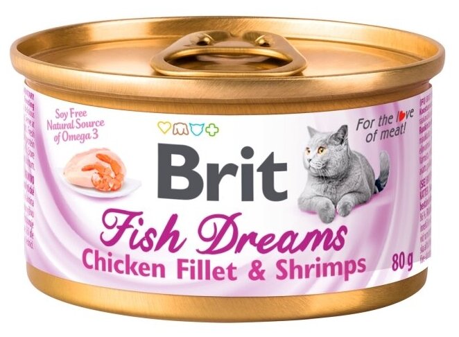 BRIT 80грх12шт Корм кон для кошек Fish dreams chicken&shrimps Куриное филе и креветки - фотография № 1